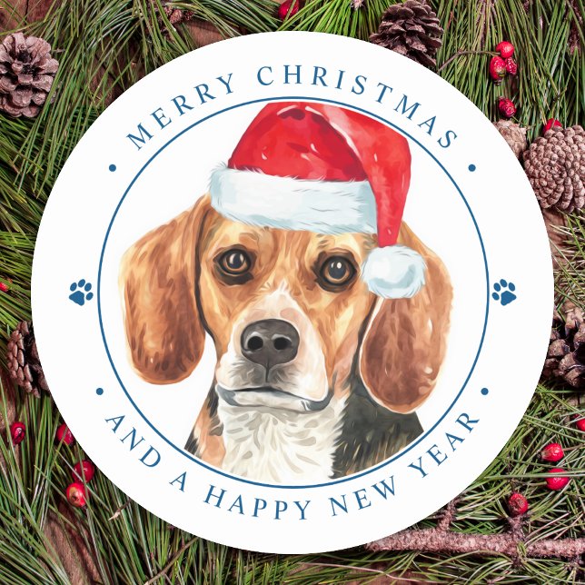 Pegatina Redonda Beagle Dog Santa Personalizada Feliz Navidad (Subido por el creador)