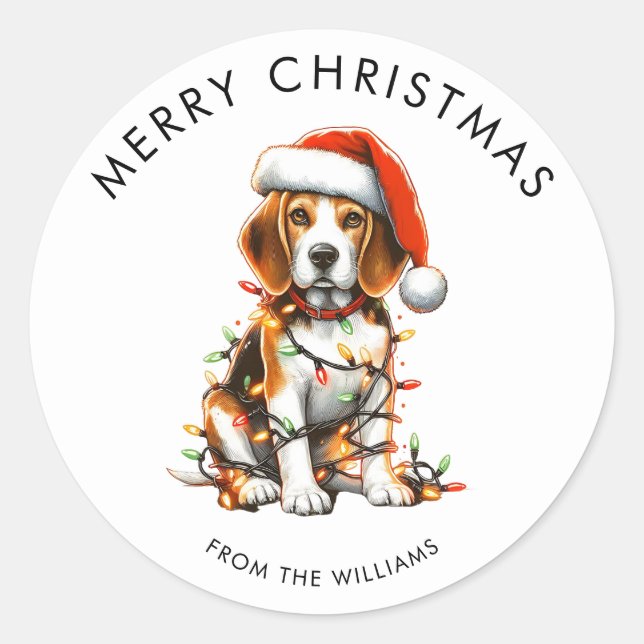 Pegatina Redonda Beagle Dog Wrapped In Christmas Light  (Anverso)