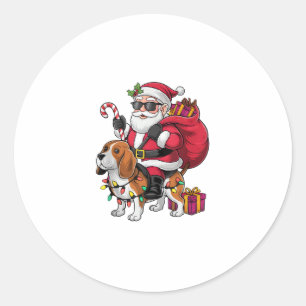 Pegatina Redonda Beagle Dog Xmas iluminando a Santa Riding Beagle C