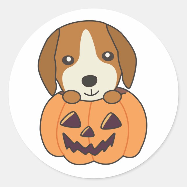 Pegatina Redonda Beagle En Calabaza Dulces Perros Feliz Clase Hallo (Anverso)