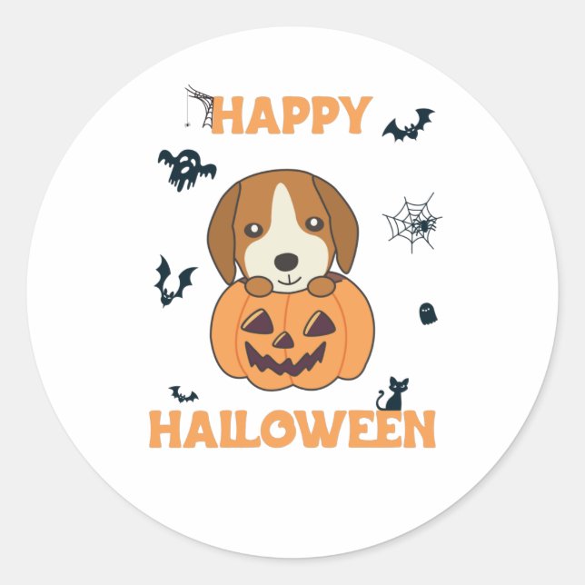 Pegatina Redonda Beagle En Calabaza Dulces Perros Feliz Halloween (Anverso)