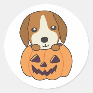 Pegatina Redonda Beagle En Calabaza Dulces Perros Feliz Halloween