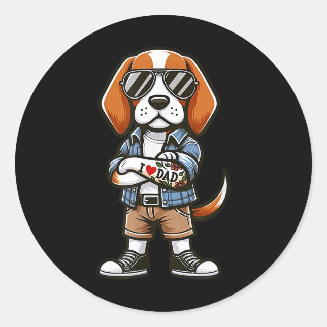 Pegatina Redonda Beagle I Love Dad Funny Dog Tattoo (Anverso)