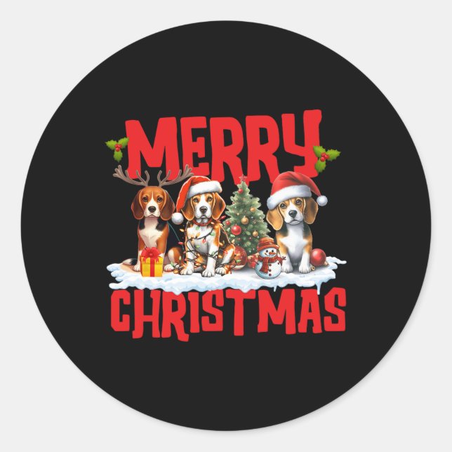 Pegatina Redonda Beagle navideña dulce perro Santa Hat reno (Anverso)