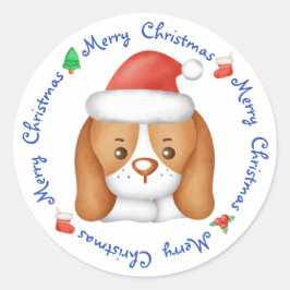 Pegatina Redonda Beagle Puppy Dog Festividad Santa Merry Navidad