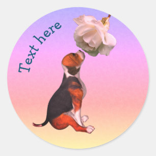 Pegatina Redonda Beagle Puppy White Rose Cute Dog Personalizado