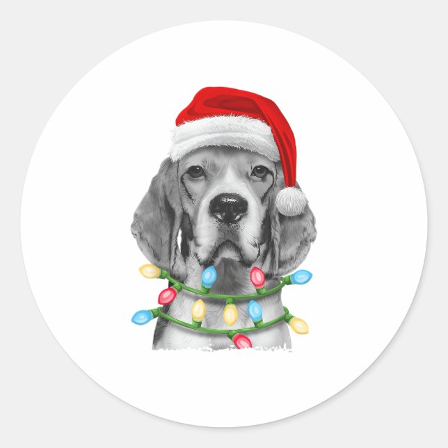Pegatina Redonda Beagle Santa Christmas Tree Enfoca la Navidad Boys (Anverso)
