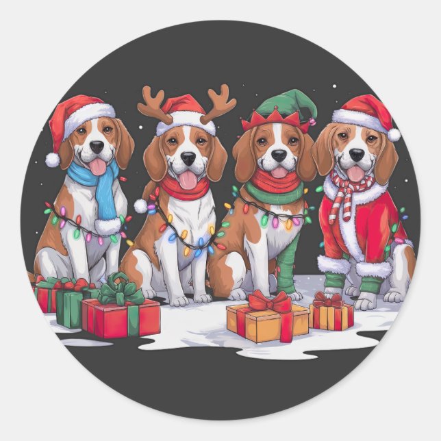 Pegatina Redonda Beagle Santa hat antlers luces elefantes Navidades (Anverso)