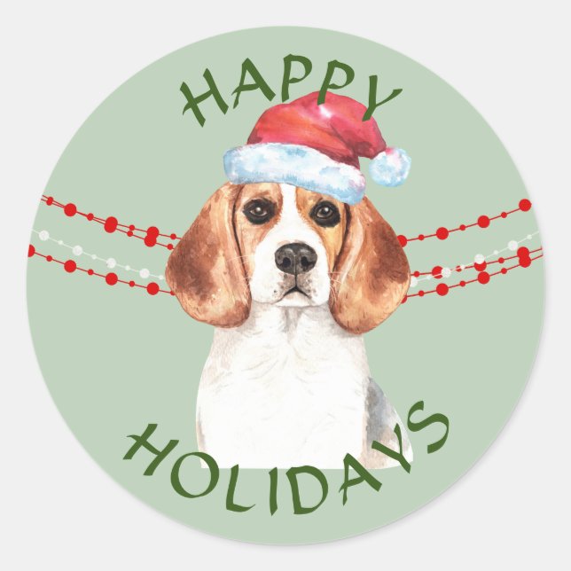 Pegatina Redonda Beagle Santa Hat Felices Fiestas (Anverso)