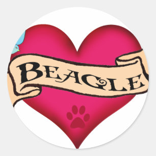 Pegatina Redonda Beagle Tattoo Heart