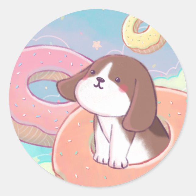 Pegatina Redonda Beagle y Donuts (Anverso)