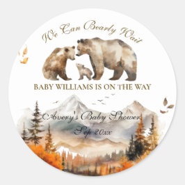 Pegatina Redonda Bear Adventure Fall Mountain Neutral Baby Shower
