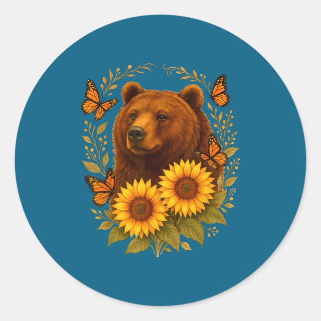 Pegatina Redonda Bear Butterfly Nature Rustic Sunflower Monarch Art (Anverso)