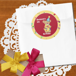 Pegatina Redonda Bear de cumpleaños lindo edad 5