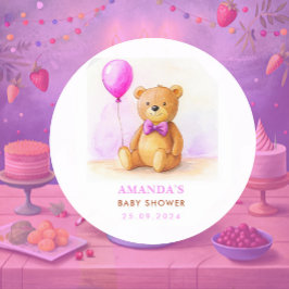 Pegatina Redonda Bear de Oso de Teddy Balloon Pastel Baby Shower ma