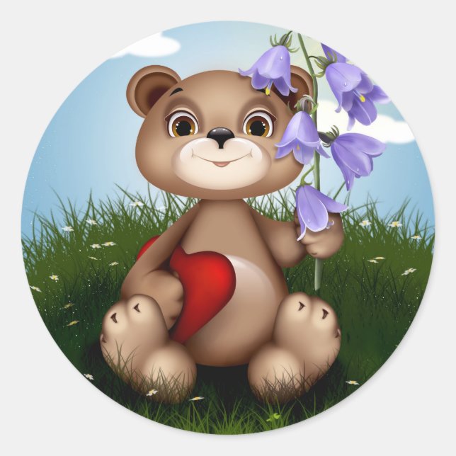 Pegatina Redonda Bear Holding Bouquet Flower-30926 (Anverso)