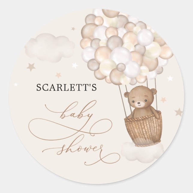 Pegatina Redonda Bear Hot Air Balloon Clouds Stars Baby Shower (Anverso)