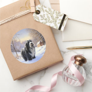 Pegatina Redonda Bearded Collie Deja que nieve Navidad 