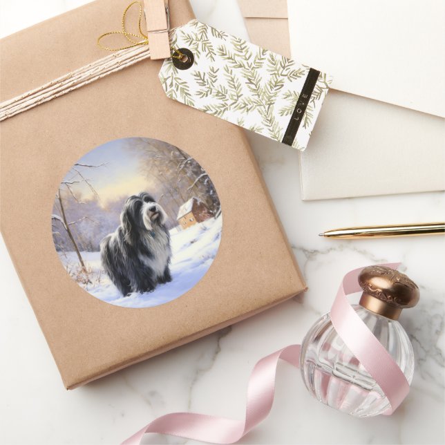 Pegatina Redonda Bearded Collie Deja que nieve Navidad  (Regalar)