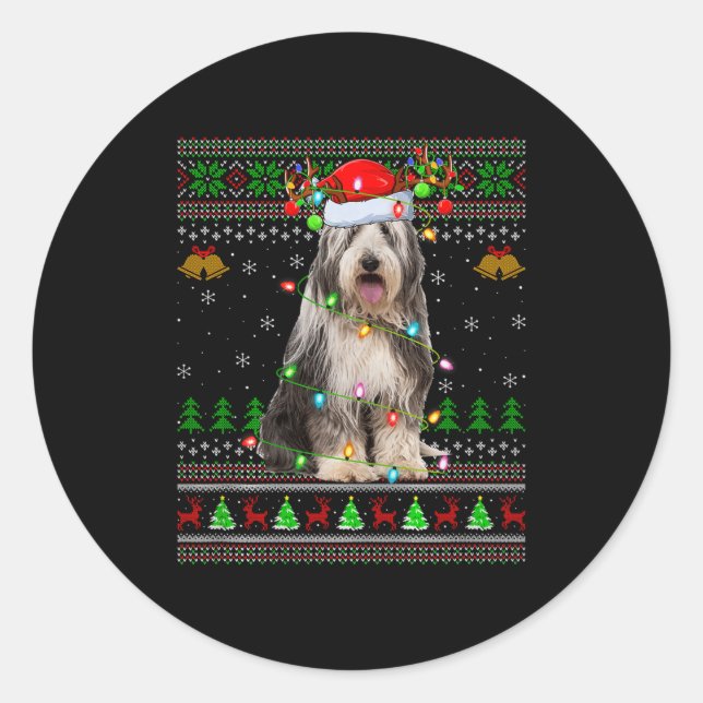 Pegatina Redonda Bearded Collie Dog Ugly Christmas Sweater Holiday  (Anverso)