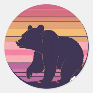 Pegatina Redonda Bearly Awake - Funny Diseño Retro Bear Sunset