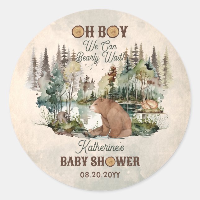Pegatina Redonda Bearly de bosque rústico espera Baby Shower Favor (Anverso)