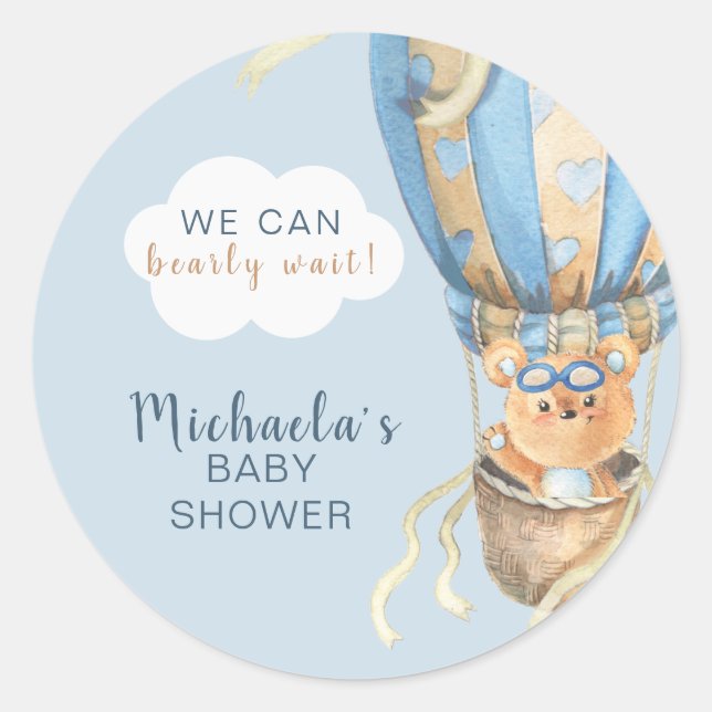 Pegatina Redonda Bearly Wait Blue Boy Baby Shower (Anverso)