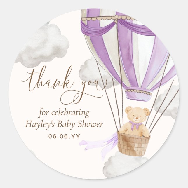 Pegatina Redonda Bearly Wait Teddy Bear Lilac Gracias Baby Shower (Anverso)