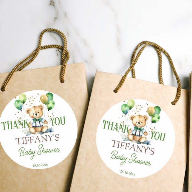 Pegatina Redonda Bearly wait teddy oso verde bebé ducha favor (Bearly wait teddy bear baby shower green balloons thank you favor stickers cute teddy green balloons)