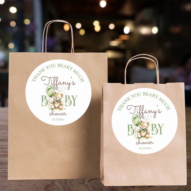Pegatina Redonda Bearly wait teddy oso verde bebé ducha favor (Bearly wait teddy bear green baby shower favor sticker thank you stickers )