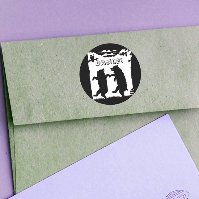 Pegatina Redonda Bears Black Silhouette (Two dancing black bears under trees in grass owl on black and white round stickers.)