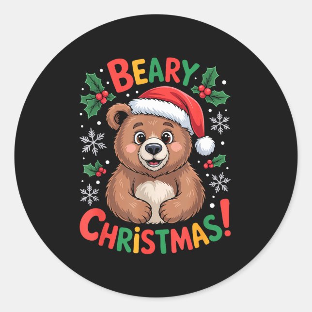 Pegatina Redonda Beary Christmas Cute Bear Santa Funny Holiday  (Anverso)