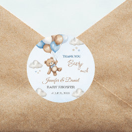 Pegatina Redonda Beary Cute Blue Baby Shower Balloons Teddy Bear