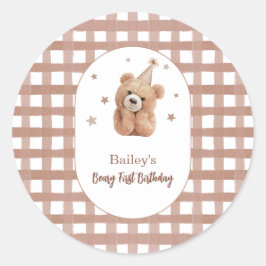 Pegatina Redonda Beary First Birthday Gingham