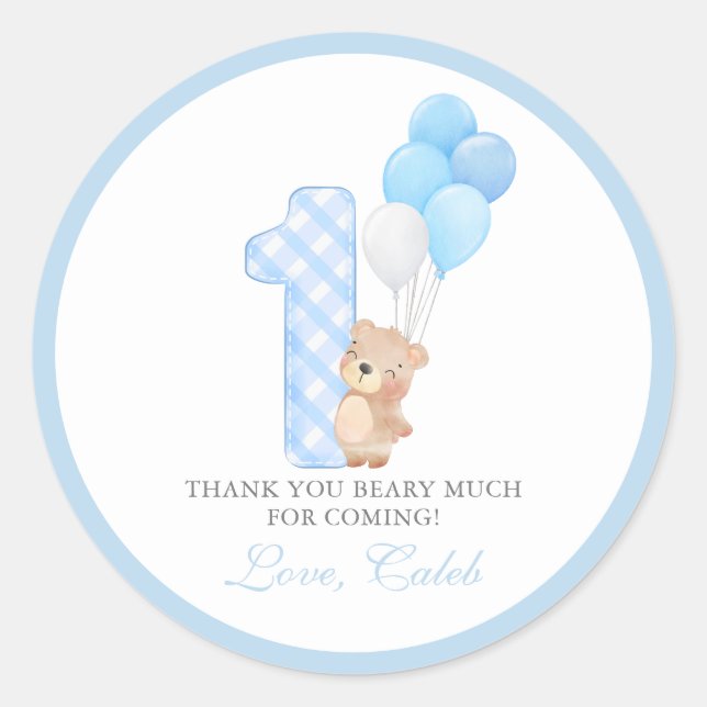 Pegatina Redonda Beary First Teddy Bear Boy Birday Party (Anverso)