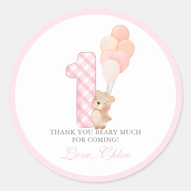 Pegatina Redonda Beary First Teddy Bear Chica Birthday Party (Anverso)