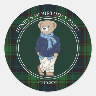 Pegatina Redonda Beary first teddy bear green plaid birthday favor