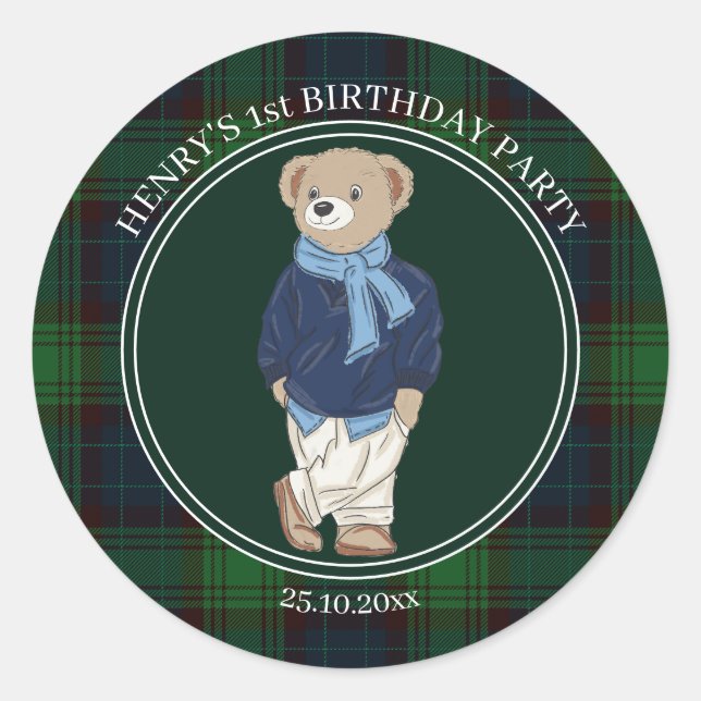 Pegatina Redonda Beary first teddy bear green plaid birthday favor (Anverso)