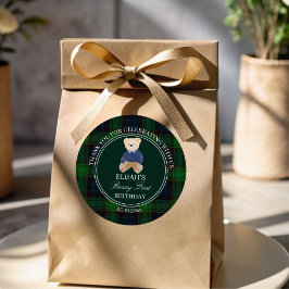 Pegatina Redonda Beary first teddy oso verde plaid cumpleaños favor