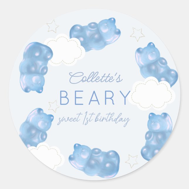 Pegatina Redonda Beary Sweet Blue Gummy Bear Boy Cumpleaños (Anverso)