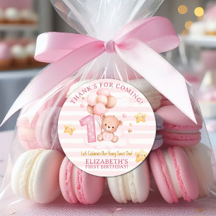Pegatina Redonda Beary Sweet One Birthday Stickers   Pink Boho Bear