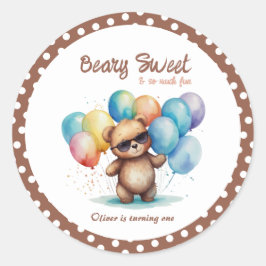 Pegatina Redonda Beary Sweet Teddy oso llevando gafas y globo