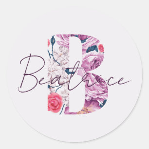 Pegatina Redonda Beatrice Baby Nombre Flor Script Vintage Floral B