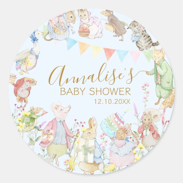 Pegatina Redonda Beatriz Peter the Rabbit Woodland Baby Shower (Anverso)