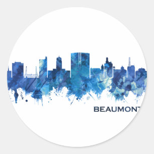 Pegatina Redonda Beaumont Texas Skyline Blue