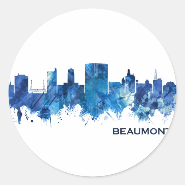 Pegatina Redonda Beaumont Texas Skyline Blue (Anverso)