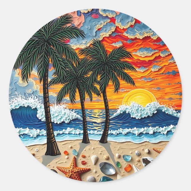 Pegatina Redonda Beautiful Beach Scene with Palm Trees (Anverso)