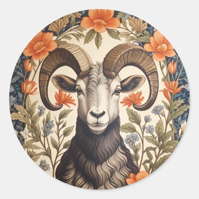 Pegatina Redonda Beautiful Bighorn Sheep William Morris Inspired (Anverso)