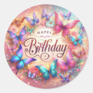 Pegatina Redonda Beautiful Birthday Sticker Butterfly Design