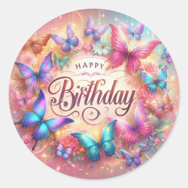 Pegatina Redonda Beautiful Birthday Sticker Butterfly Design (Anverso)